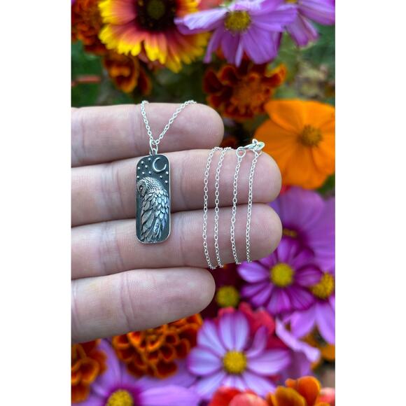 Sterling Silver Barn Owl and Moon Necklace, Silver Barn Owl and Moon Necklace - Picture 3 of 4